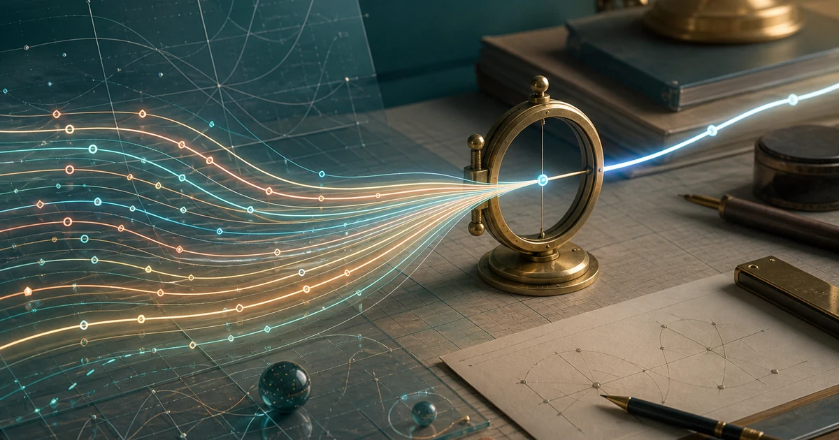 Luminous solution curves narrowing through a brass initial-condition gate into one clear path