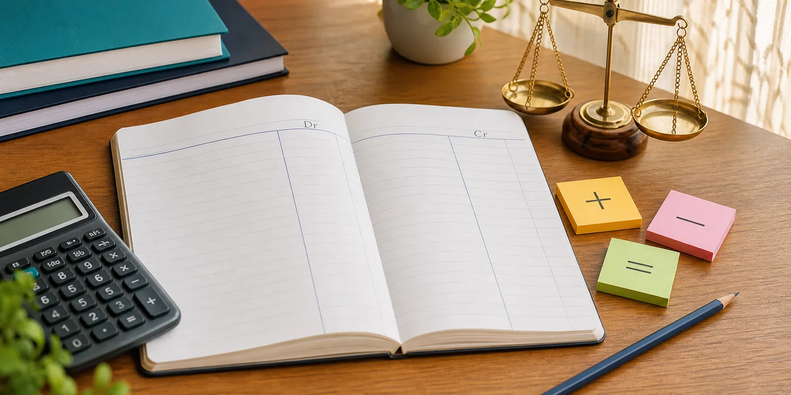 An open accountancy notebook with debit and credit columns, a calculator, sticky notes, and a balance scale on a study desk