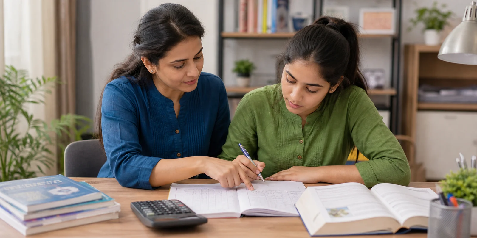 An Accountancy teacher guiding a commerce student through ledger practice at a study desk
