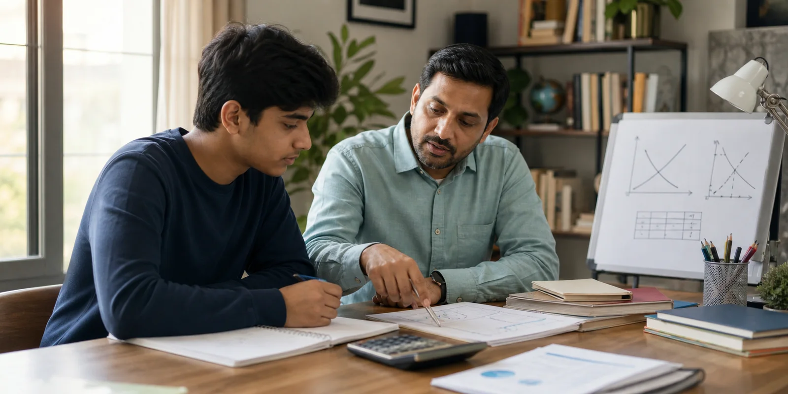 An Economics teacher helping a commerce student understand graphs, data, and notes at a study desk