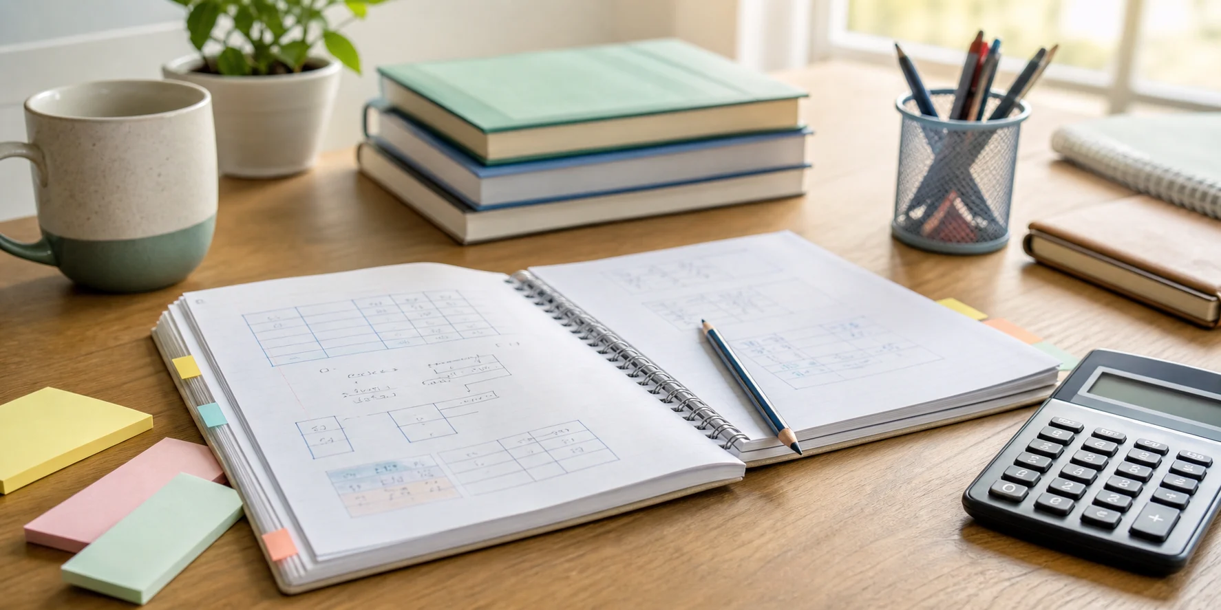 An Accountancy notebook, calculator, pencil, and study books arranged on a calm desk for Class 12 practice