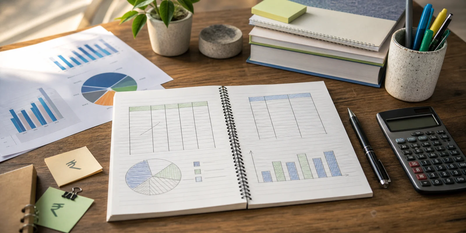 A study desk with an Economics notebook, charts, calculator, and budget planning notes