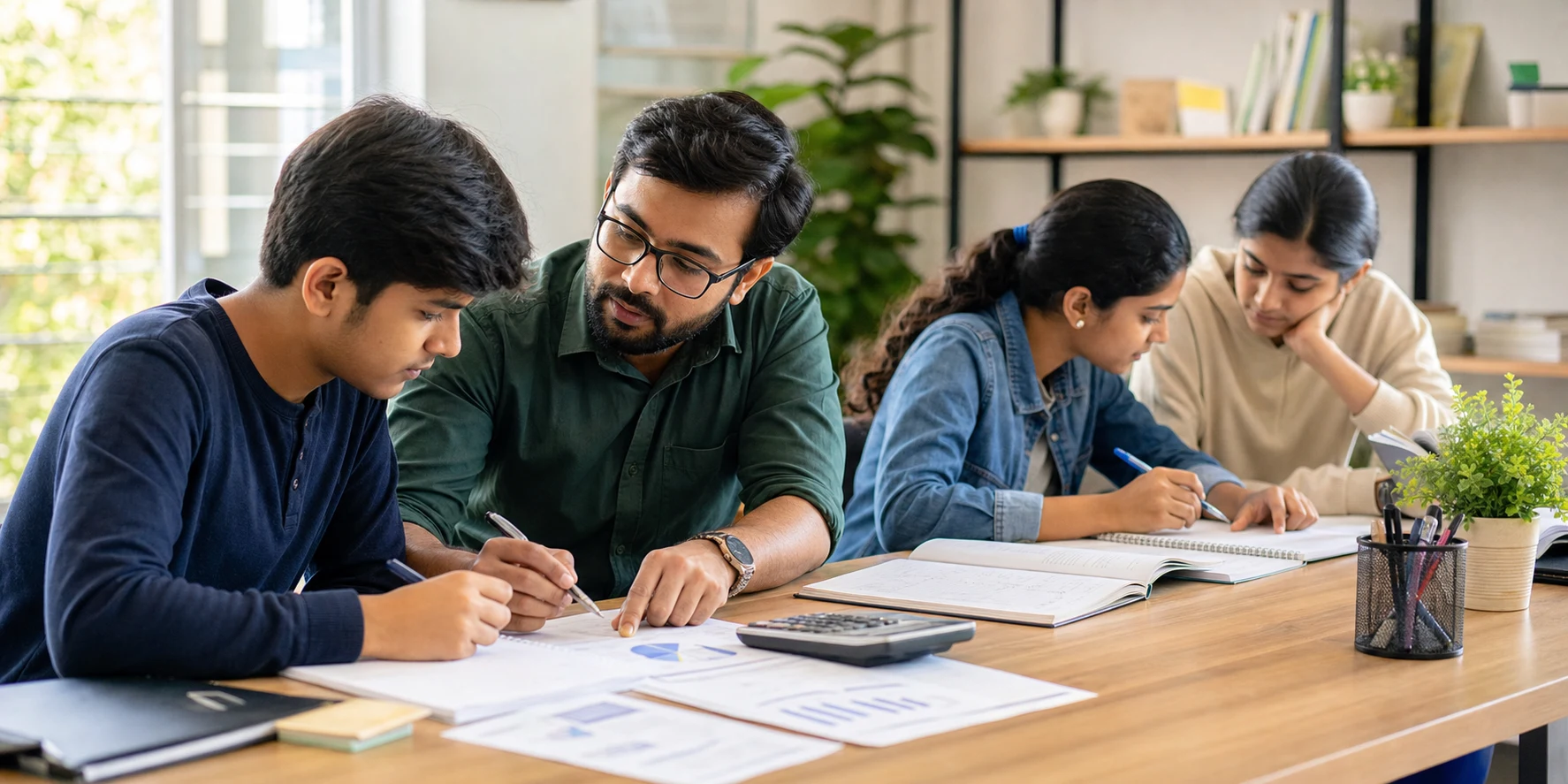 A commerce teacher guiding one student while a small group studies nearby with notebooks and accountancy practice sheets