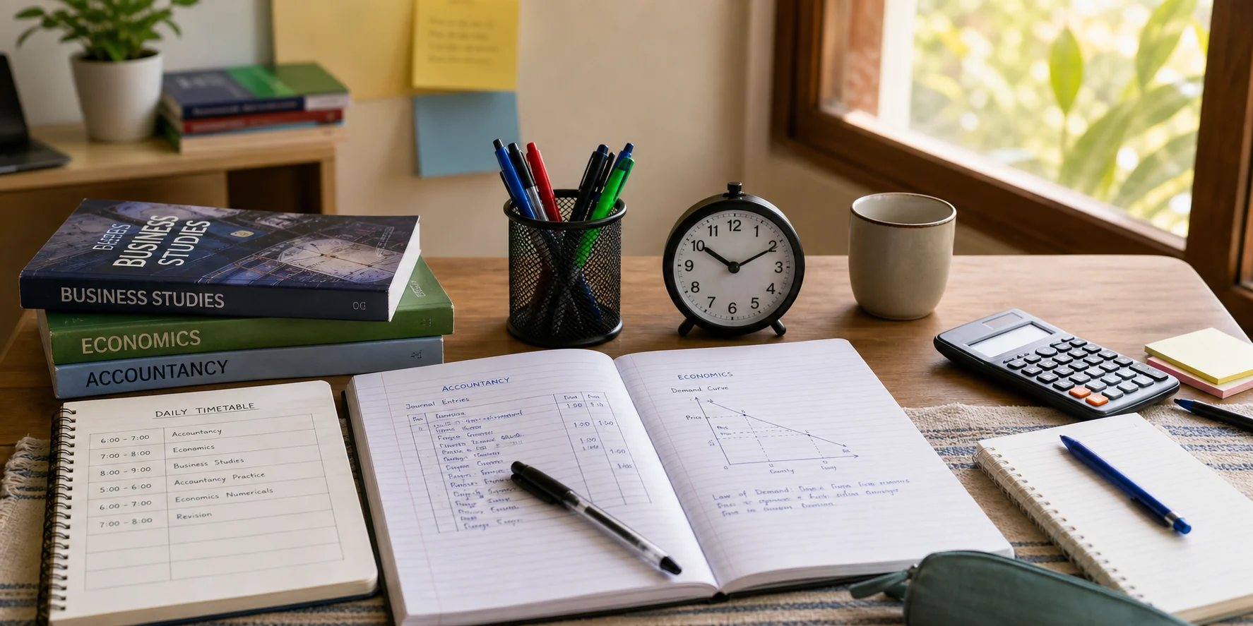 A calm study desk with commerce books, Accountancy notes, an Economics graph, a calculator, and a daily timetable
