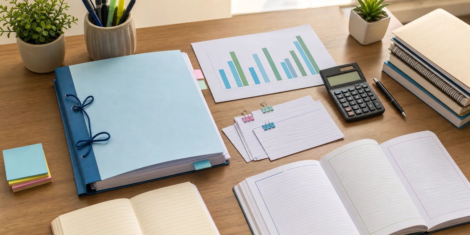 A commerce project file, viva question cards, charts, calculator, and notes arranged on a study desk