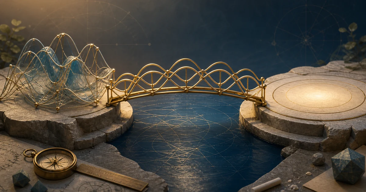 A golden sine-wave bridge connecting a complicated trigonometry platform to a clean circular target