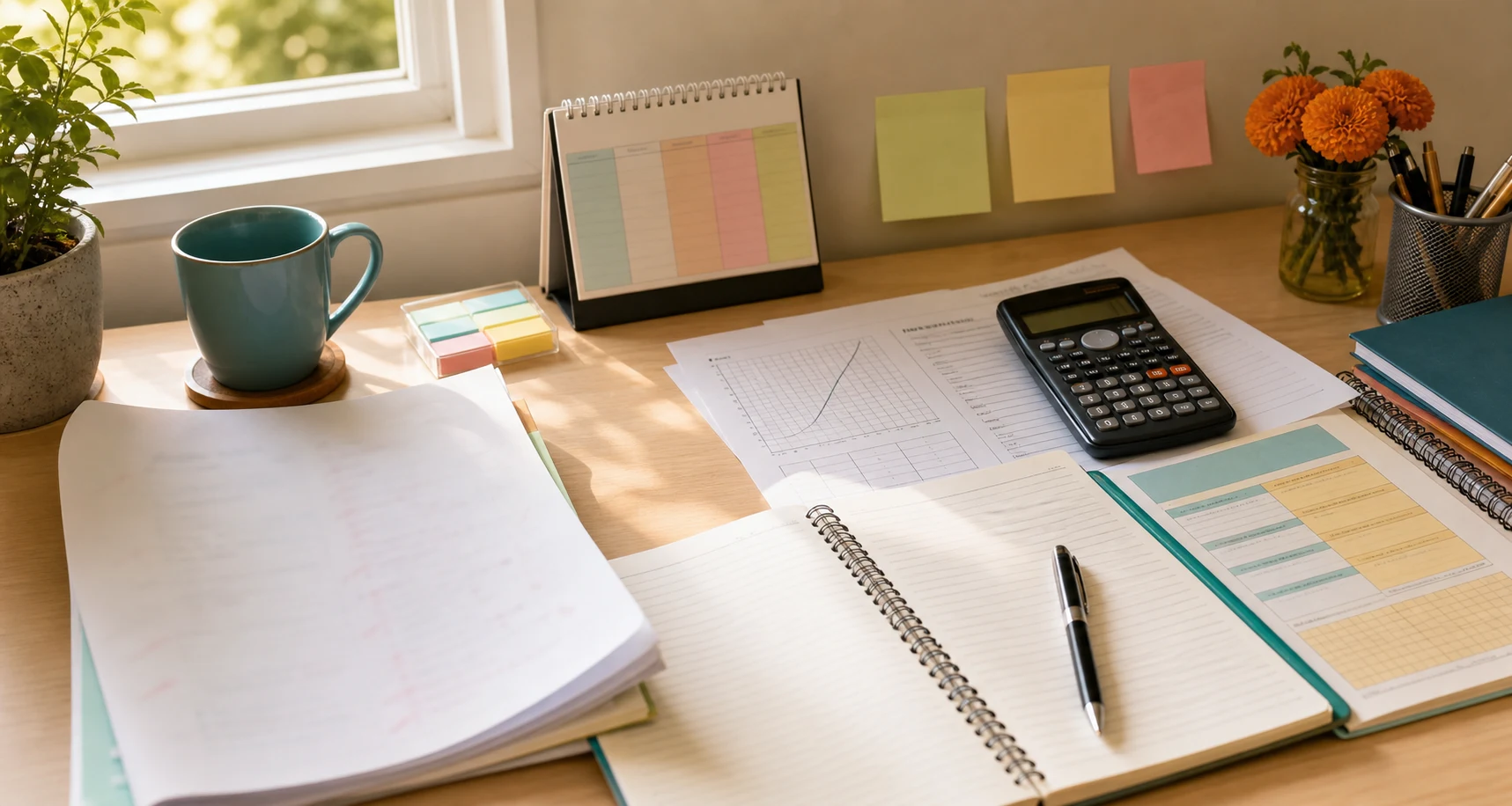 A calm study desk with commerce notebooks, graph paper, calculator, planner, and corrected test papers