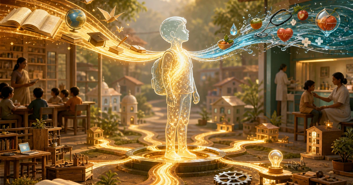 A glowing student shaped by streams of learning and health, with a classroom, clinic, workshop, and community buildings around them