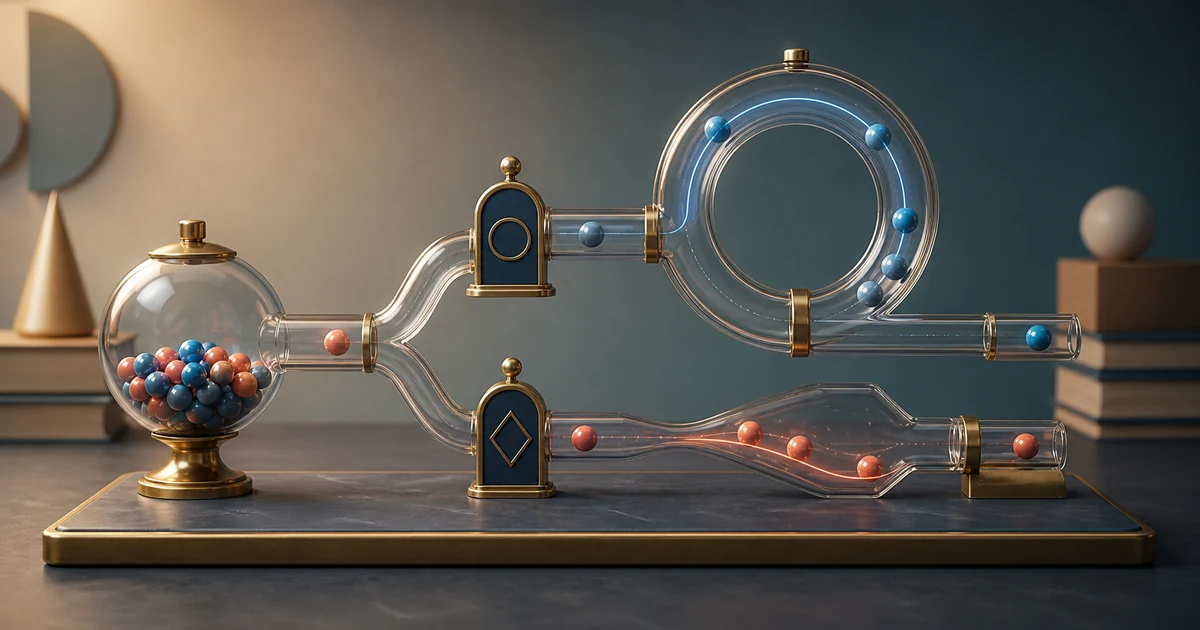 A glass probability machine with one returning path and one narrowing path showing independent and dependent events