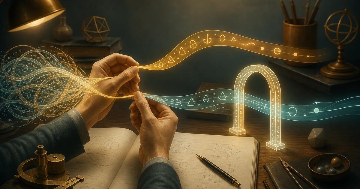 Hands separating glowing mathematical threads before one passes through an integral arch