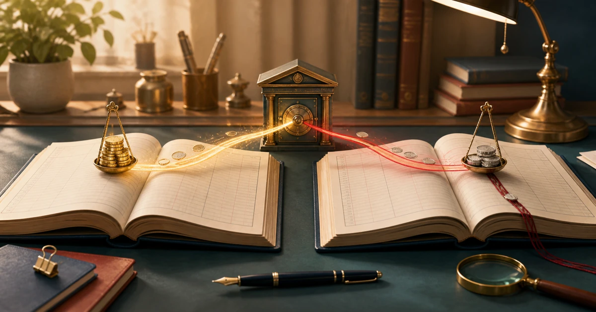 Two open partner ledgers connected by gold and red interest streams on a warm accountancy study desk