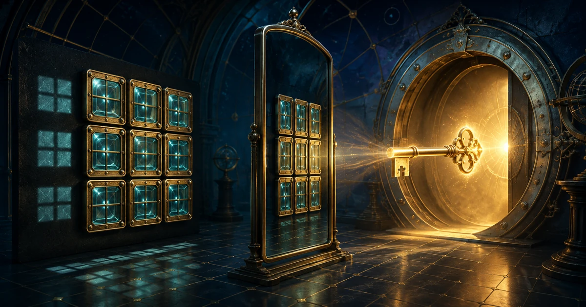 A glowing three by three brass lock opening as nine tiles rotate into a mirrored key