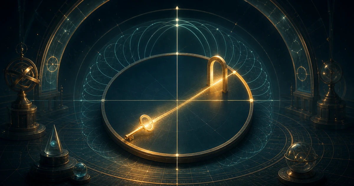 A glowing key crossing a unit circle through a golden arc gate inside a mathematical observatory
