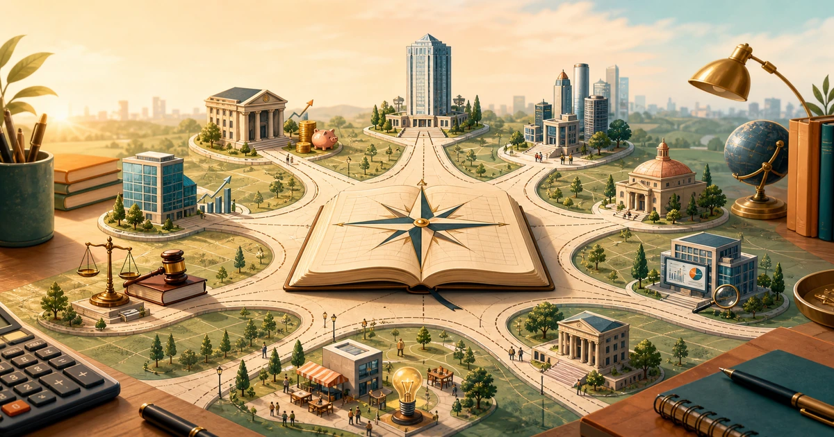 An open commerce ledger forming a compass, with multiple career paths leading toward different professional destinations