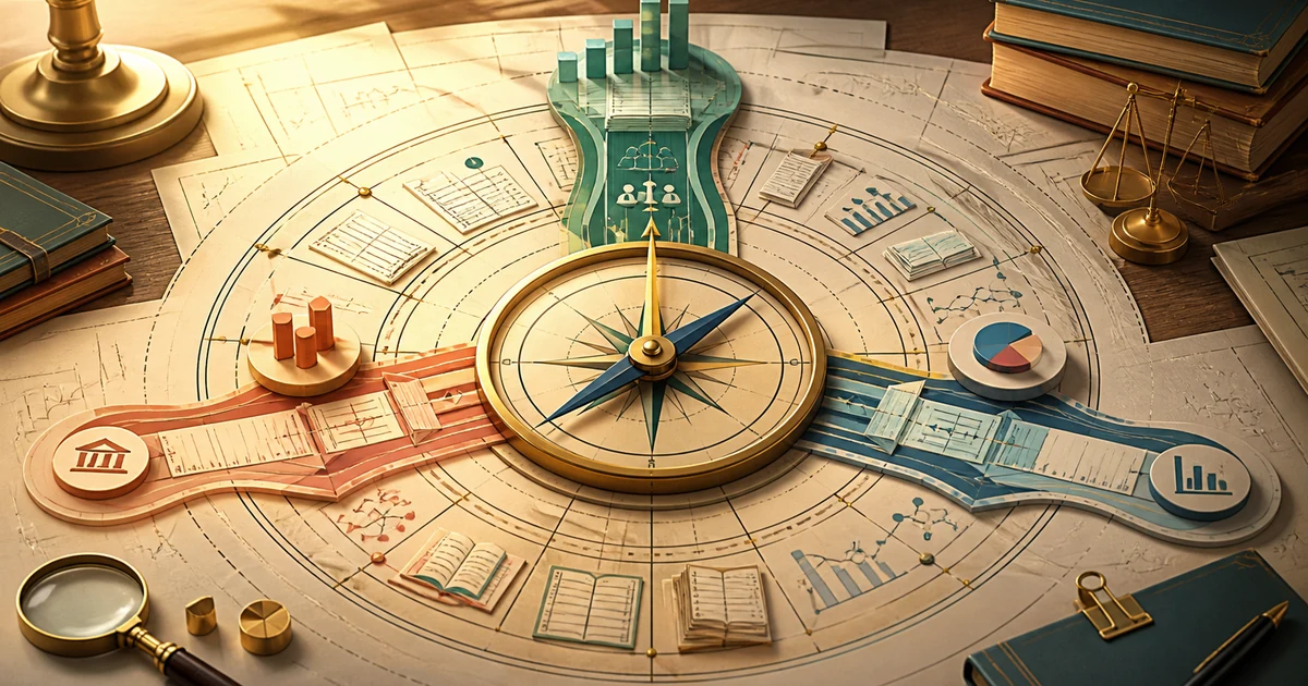An accountancy study compass arranged across ledger paths, graphs, and balance scales