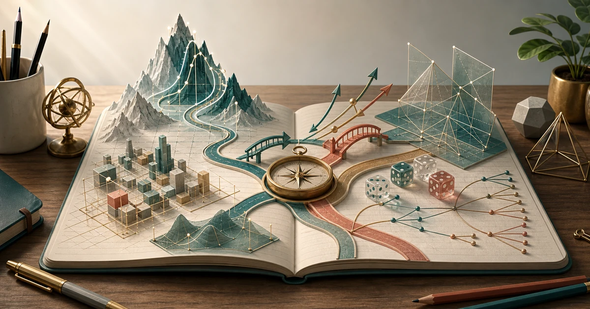 A mathematics study map on an open notebook with calculus mountains, algebra grids, vector bridges, probability paths, and an exam compass