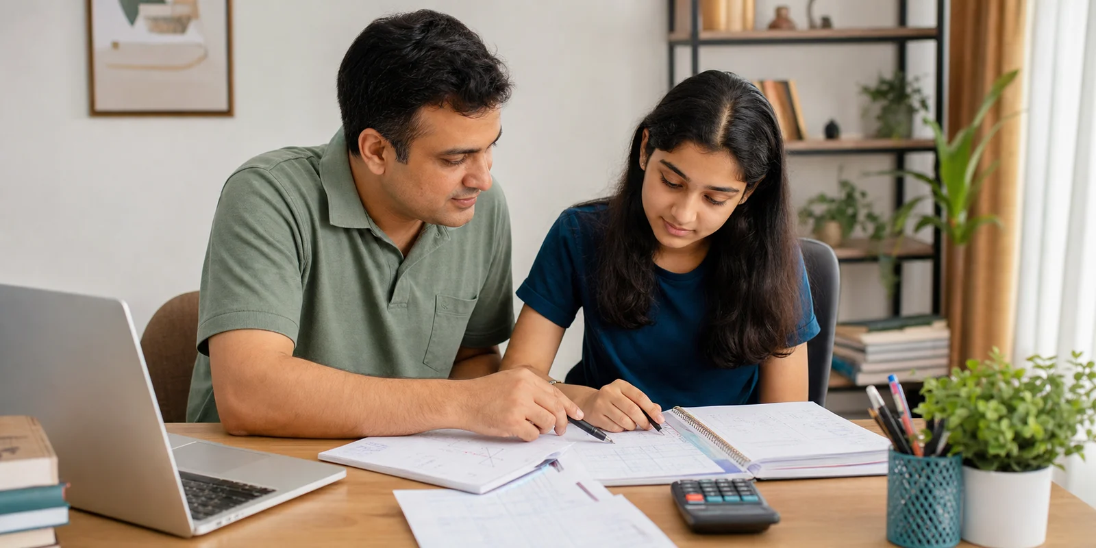 A parent and commerce student reviewing corrected Accountancy and Economics work at a study table