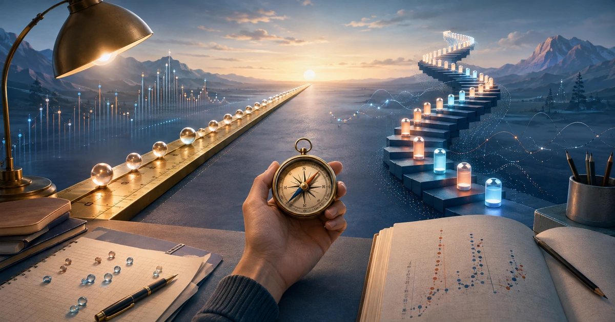 A compass between a straight measuring rail and a ranked lantern staircase in a data landscape