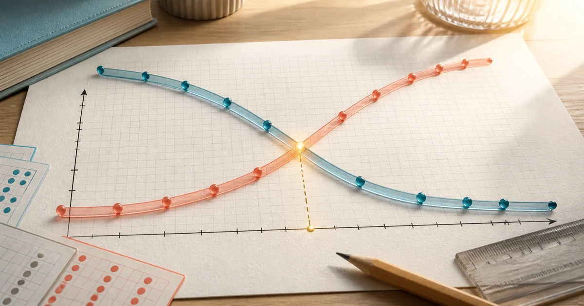 Two cumulative frequency curves crossing on graph paper to show the median point