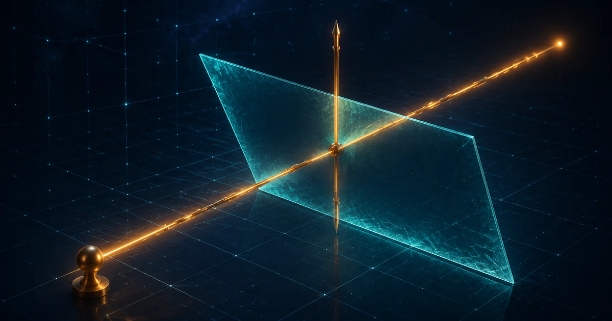 A glowing path crossing a translucent plane while a compass needle stands perpendicular to it