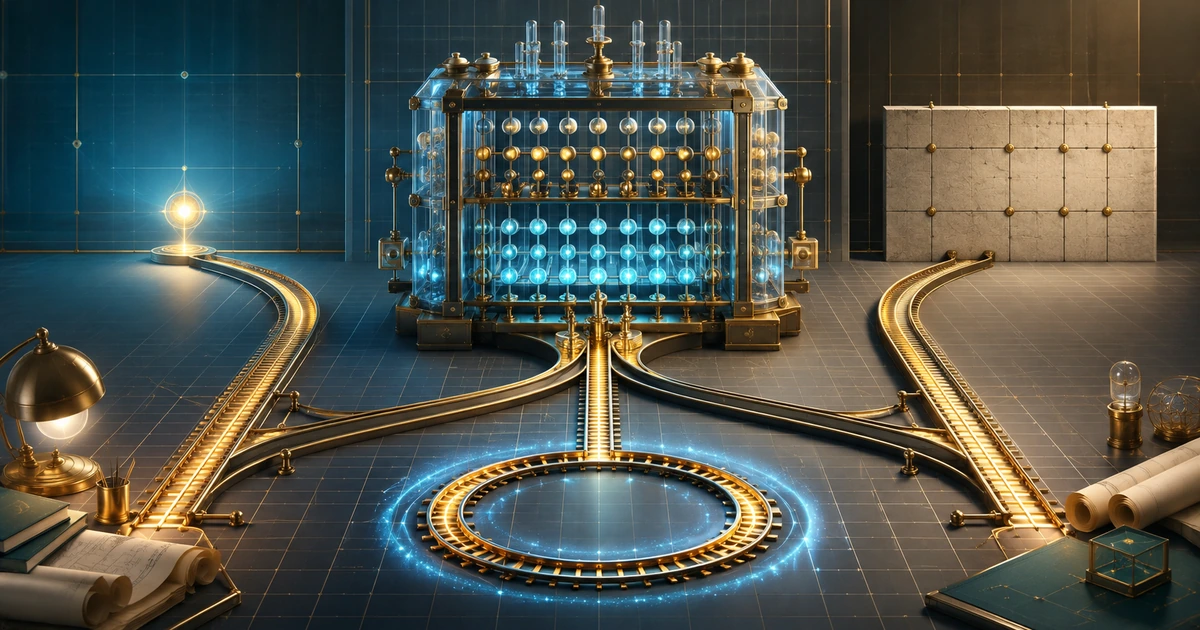 A glass matrix decision machine sending rails toward one point, an endless loop, and a blocked wall