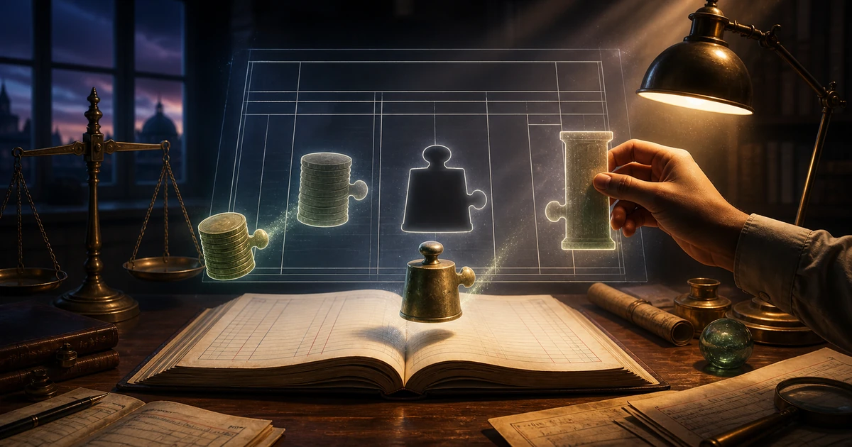 A glowing balance sheet blueprint above an open ledger with puzzle pieces for missing assets, liabilities, and capital