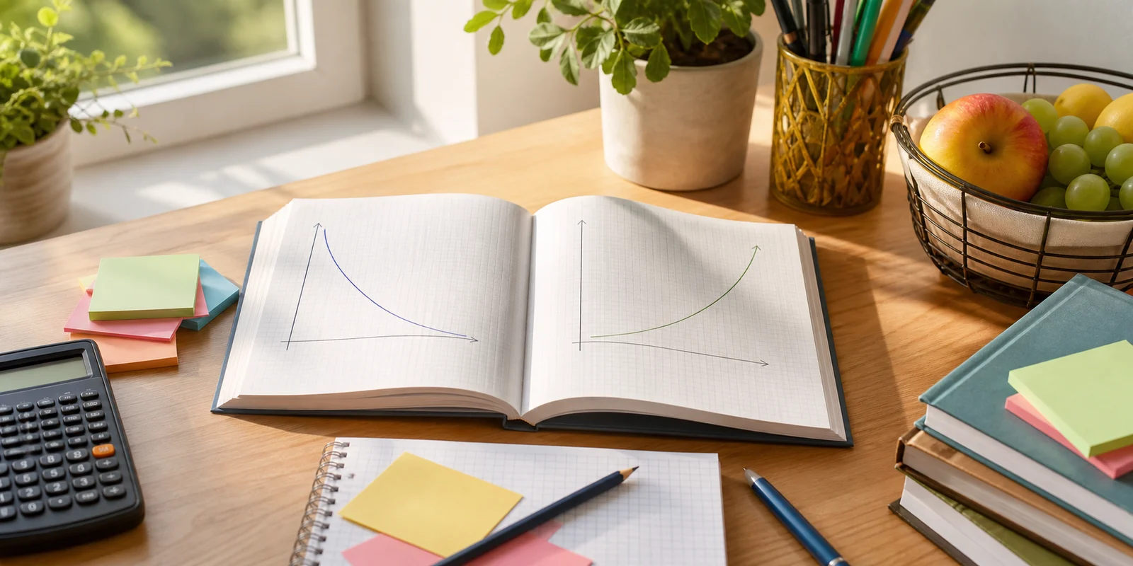 A calm economics study desk with an open notebook showing simple demand and supply curves, sticky notes, a calculator, and graph paper