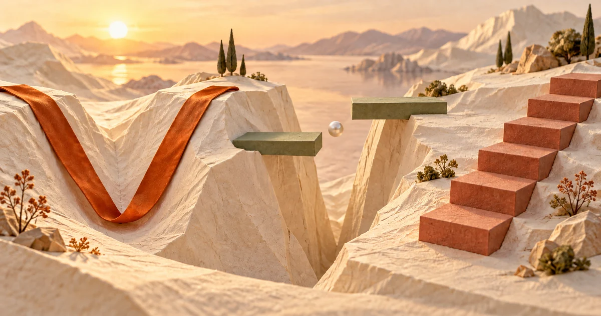 A ribbon bends through a paper valley beside separated terraces and rising steps