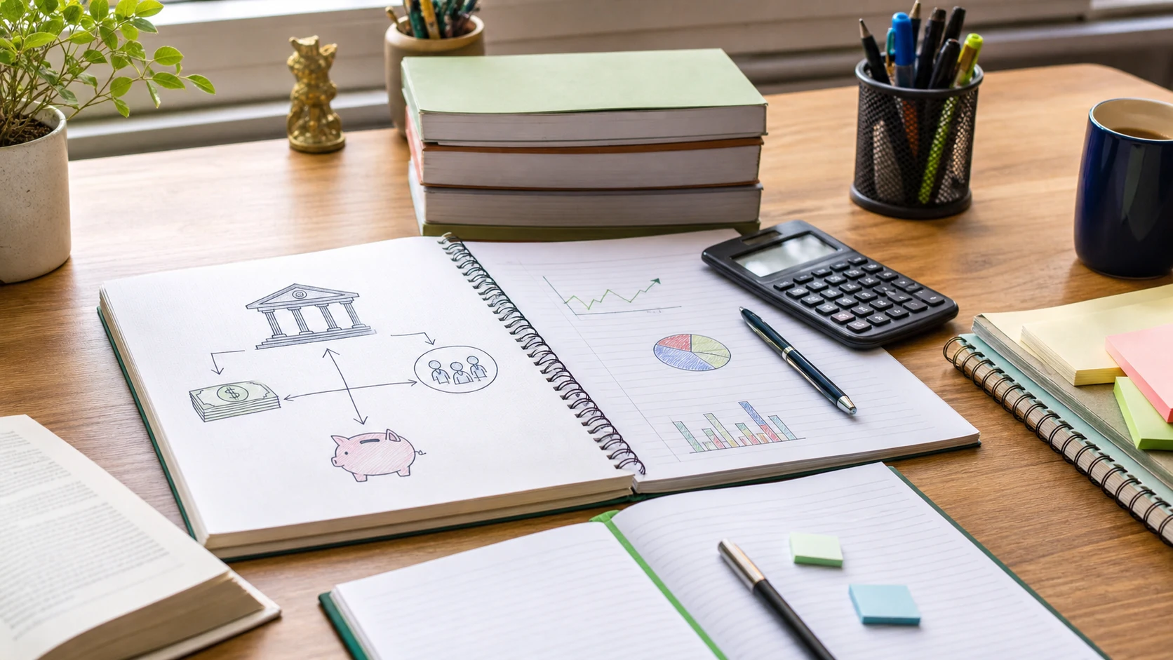 A calm study desk with economics notes, a calculator, and banking concept diagrams