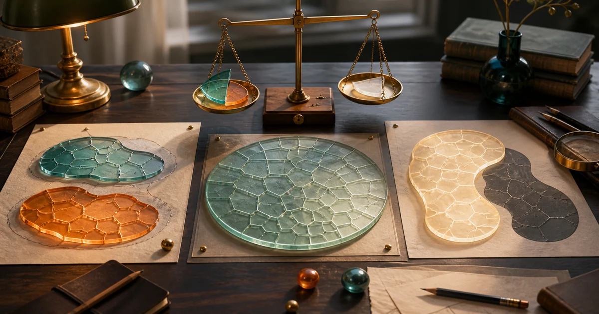 A brass balance scale and glass probability maps showing separate, complete, and complementary event regions