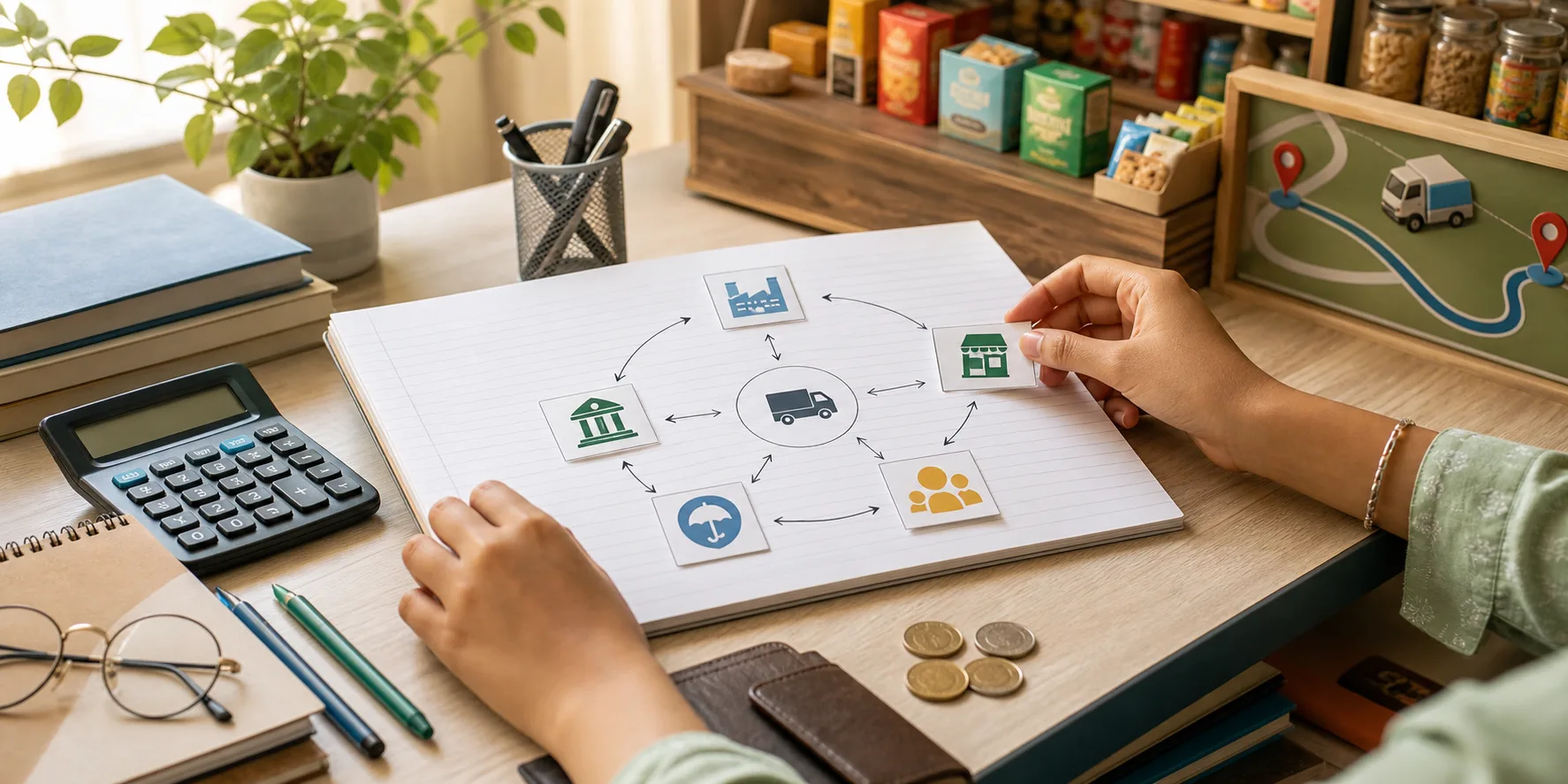 A commerce student arranging cards that show business, banking, transport, insurance, production, and customers as a connected system