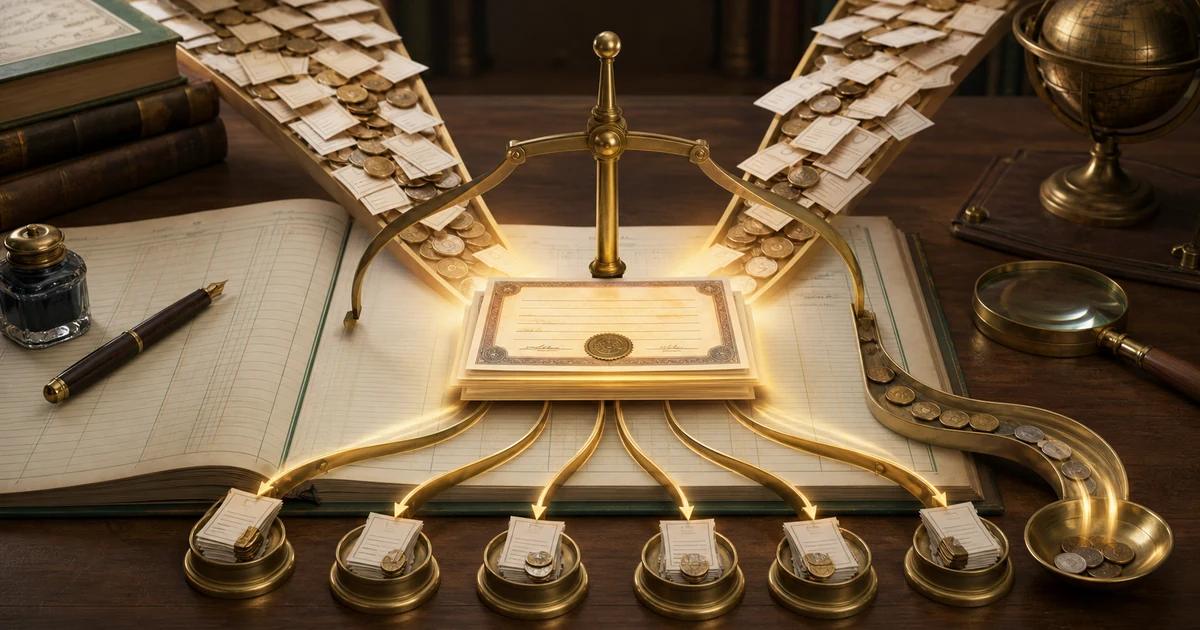 A brass proportional divider splitting overflowing share application slips into fair allotment paths on an accounting ledger