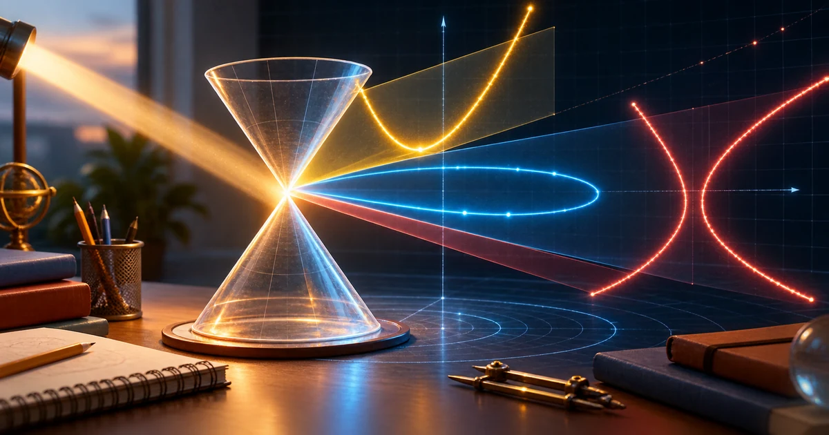 A glass double cone splitting light into a parabola, ellipse, and hyperbola on a coordinate grid