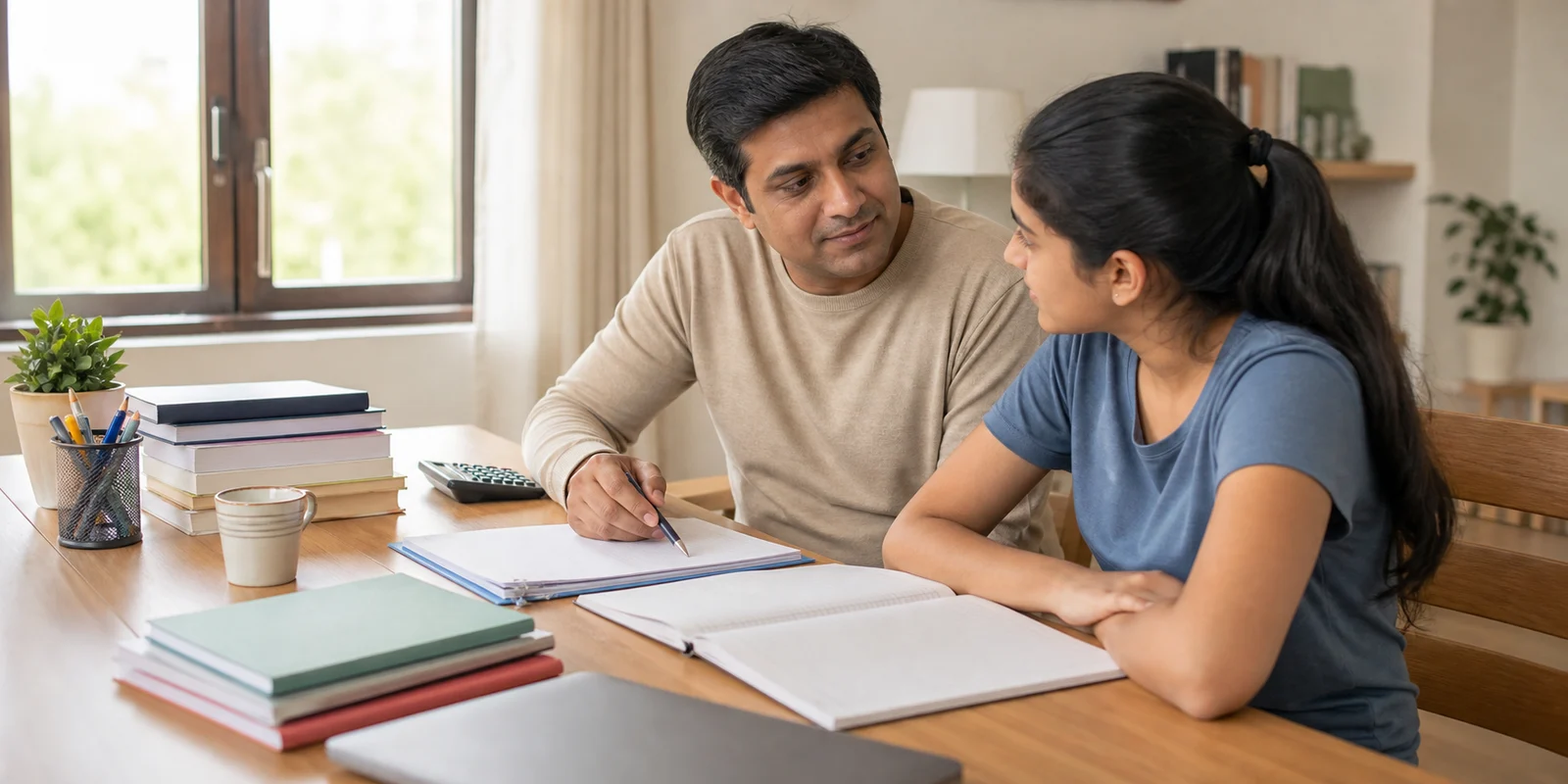 A parent and student discussing Class 11 commerce subject choices at a calm study desk