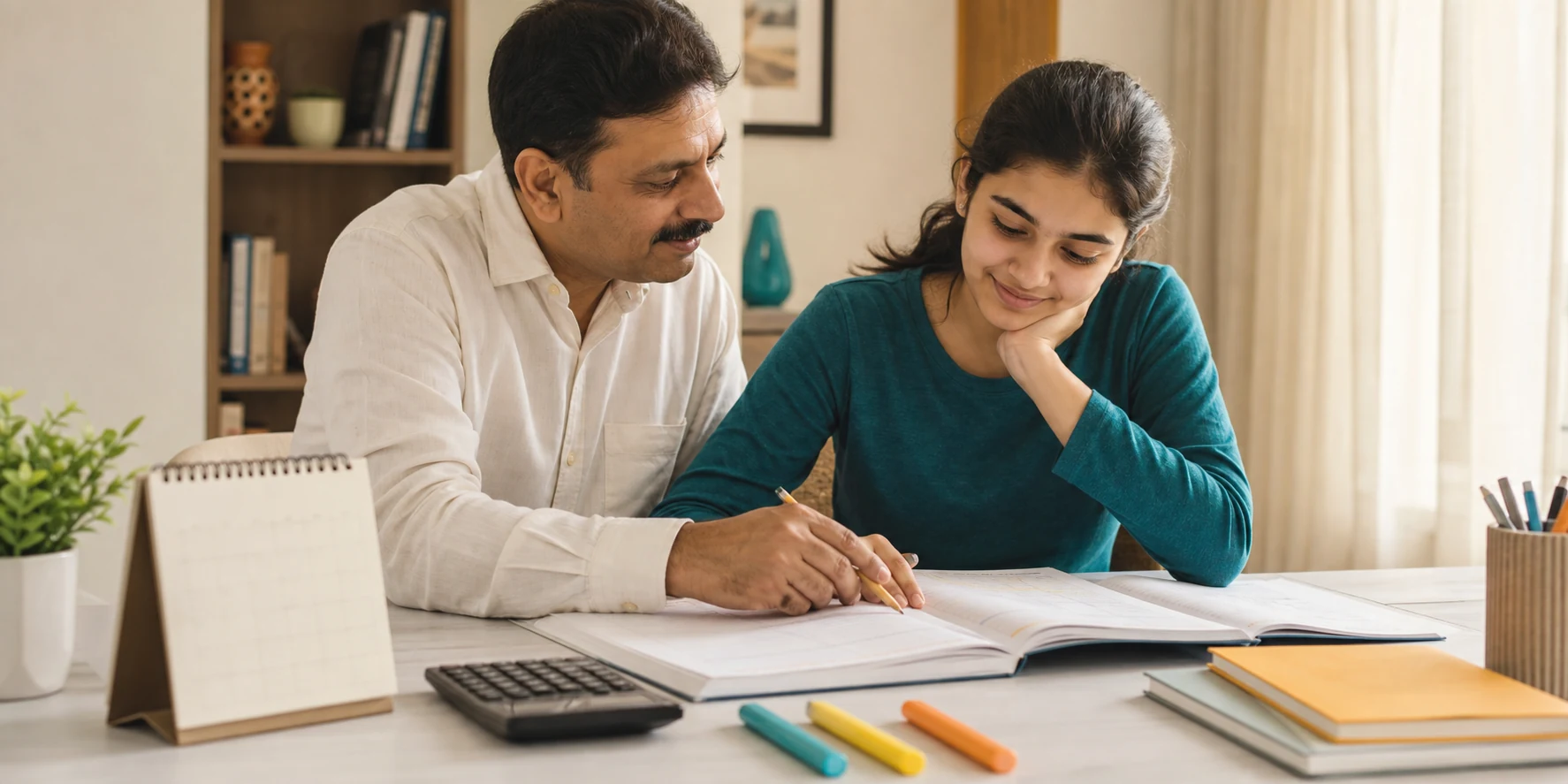 A parent and Class 12 commerce student reviewing notebooks and a study calendar together at home