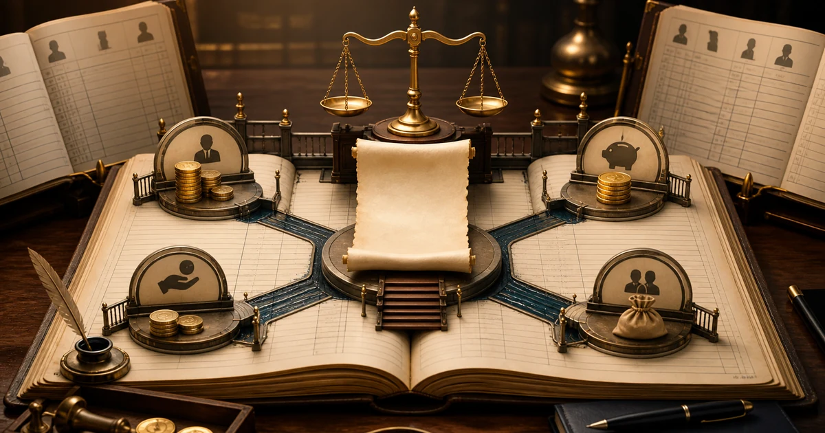 A blank partnership deed in an open ledger with a balance scale and coin paths showing default partnership rules