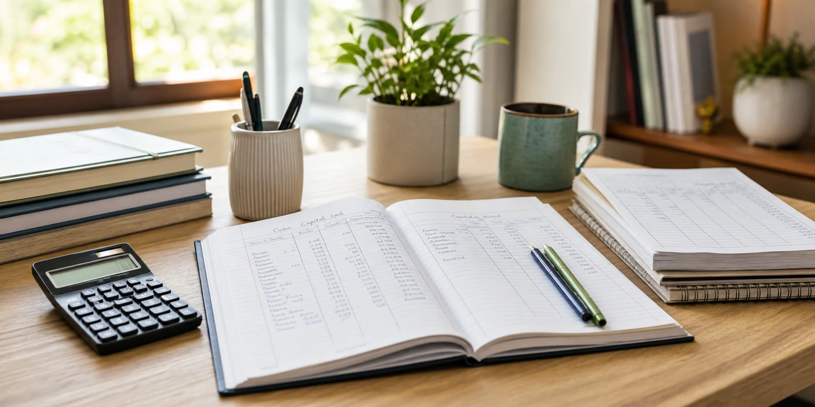 A neat accountancy study desk with partner capital account columns, a calculator, ledger sheets, and two pens