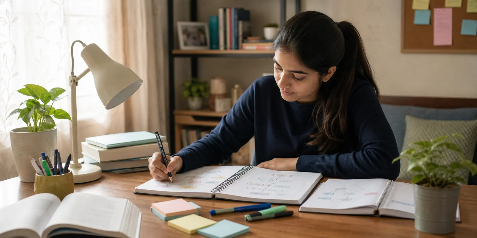 A Class 12 commerce student making a management functions flowchart in a notebook