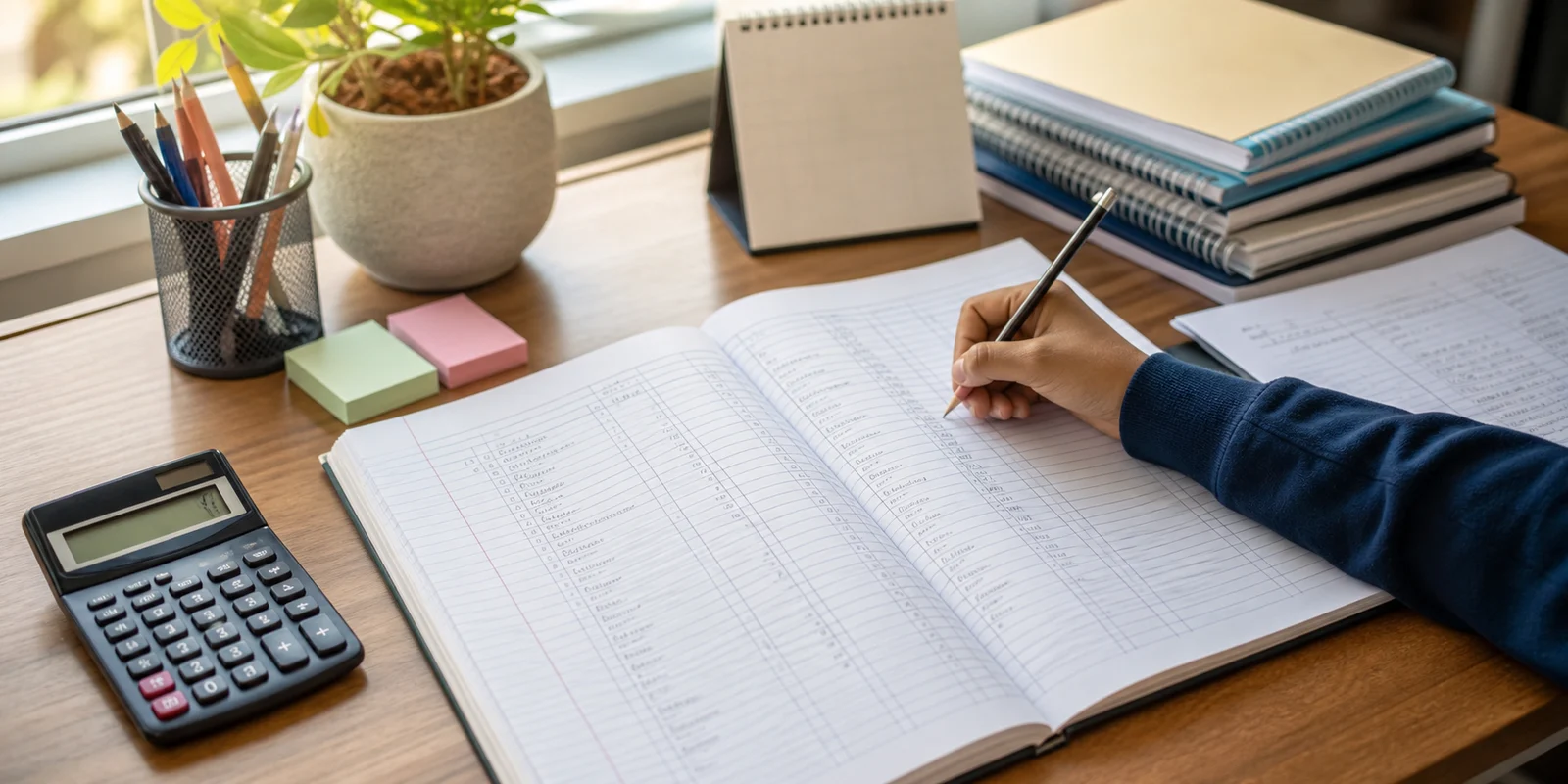 A student practising accountancy numericals in a ruled notebook with a calculator on a calm study desk