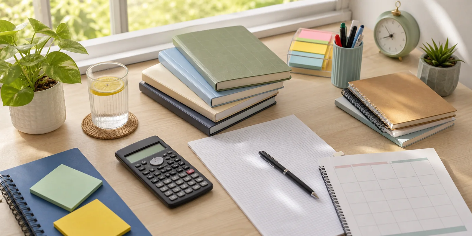 A calm summer study desk with notebooks, a calculator, graph paper, stationery, and a weekly planner