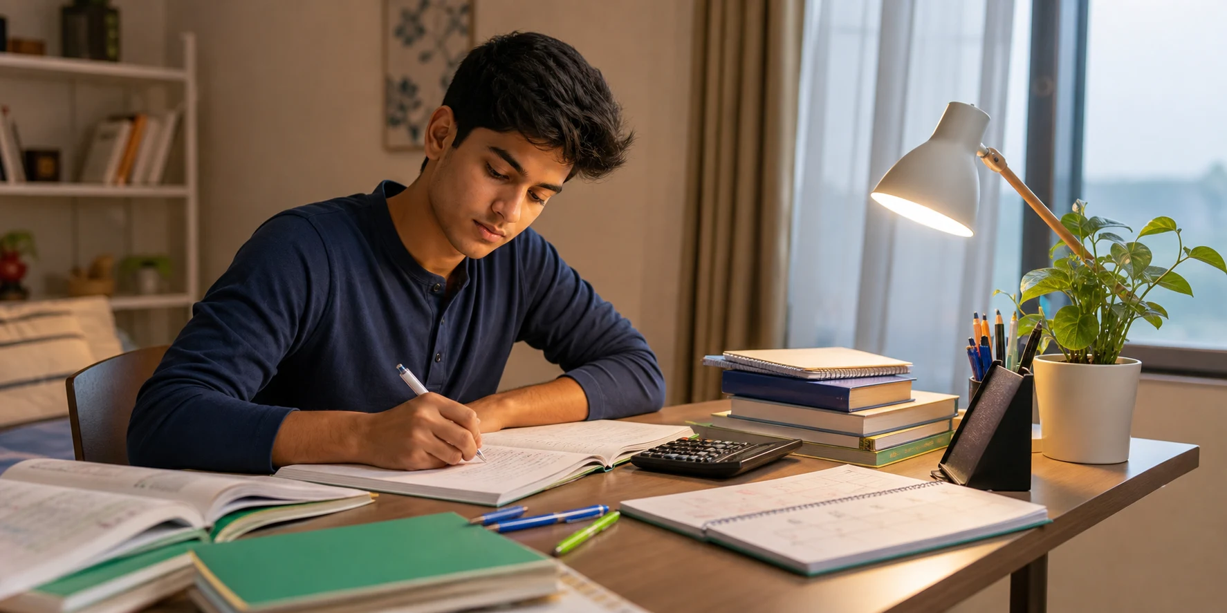 A calm Class 12 commerce student studying at a desk with notebooks, calculator, planner, and textbooks