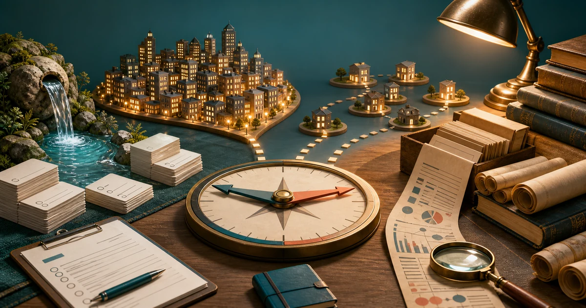 A decision compass between fresh survey forms, archived records, a full city, and selected houses