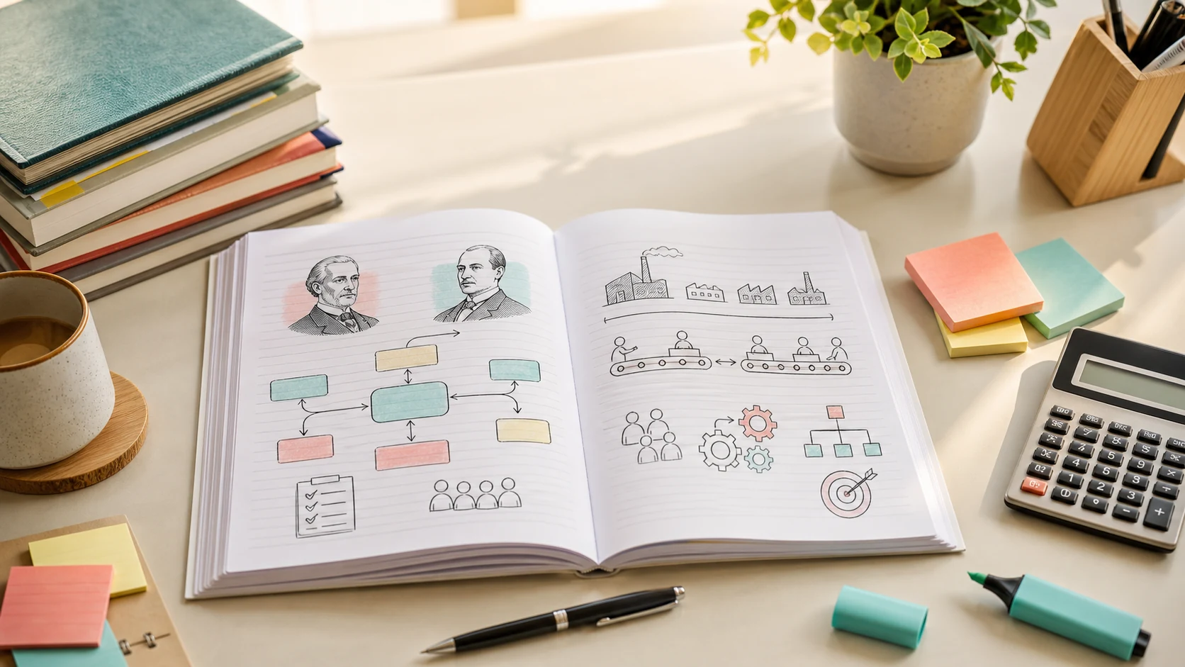 A neat Business Studies notebook with management diagrams, books, sticky notes, and a calculator on a sunny study desk