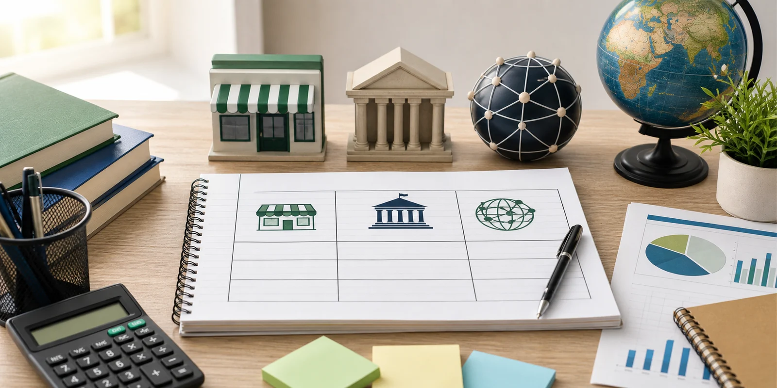 A Business Studies notebook with a comparison table, a storefront model, a government building symbol, and a globe on a study desk