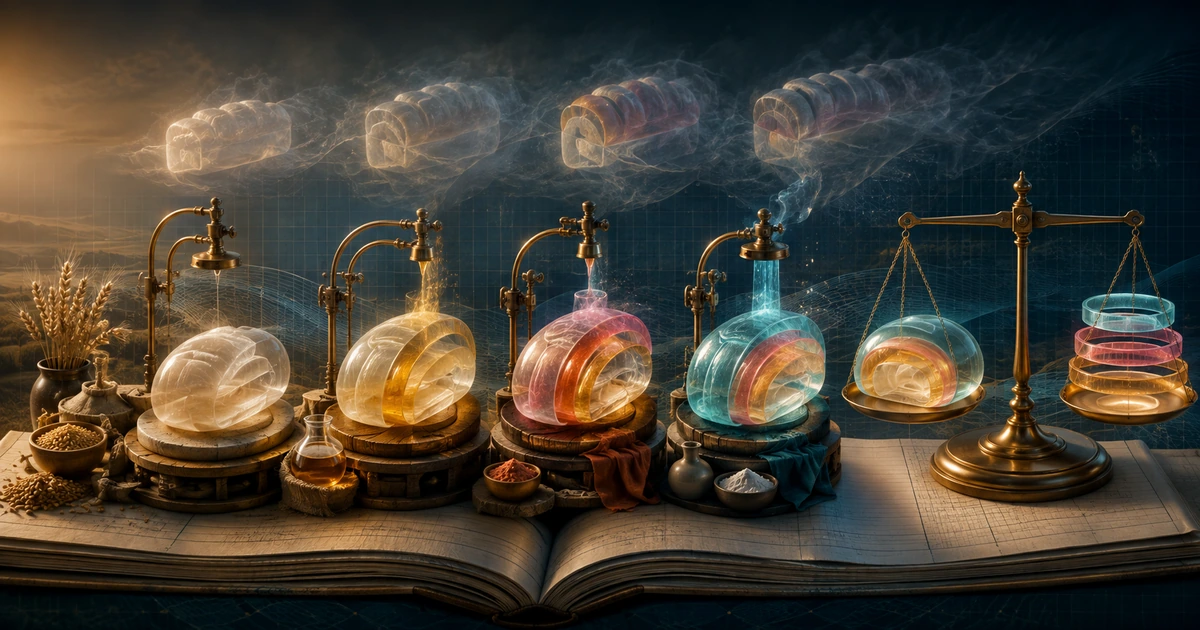 A luminous object gaining a new coloured layer at each production stage before being balanced against those contributions