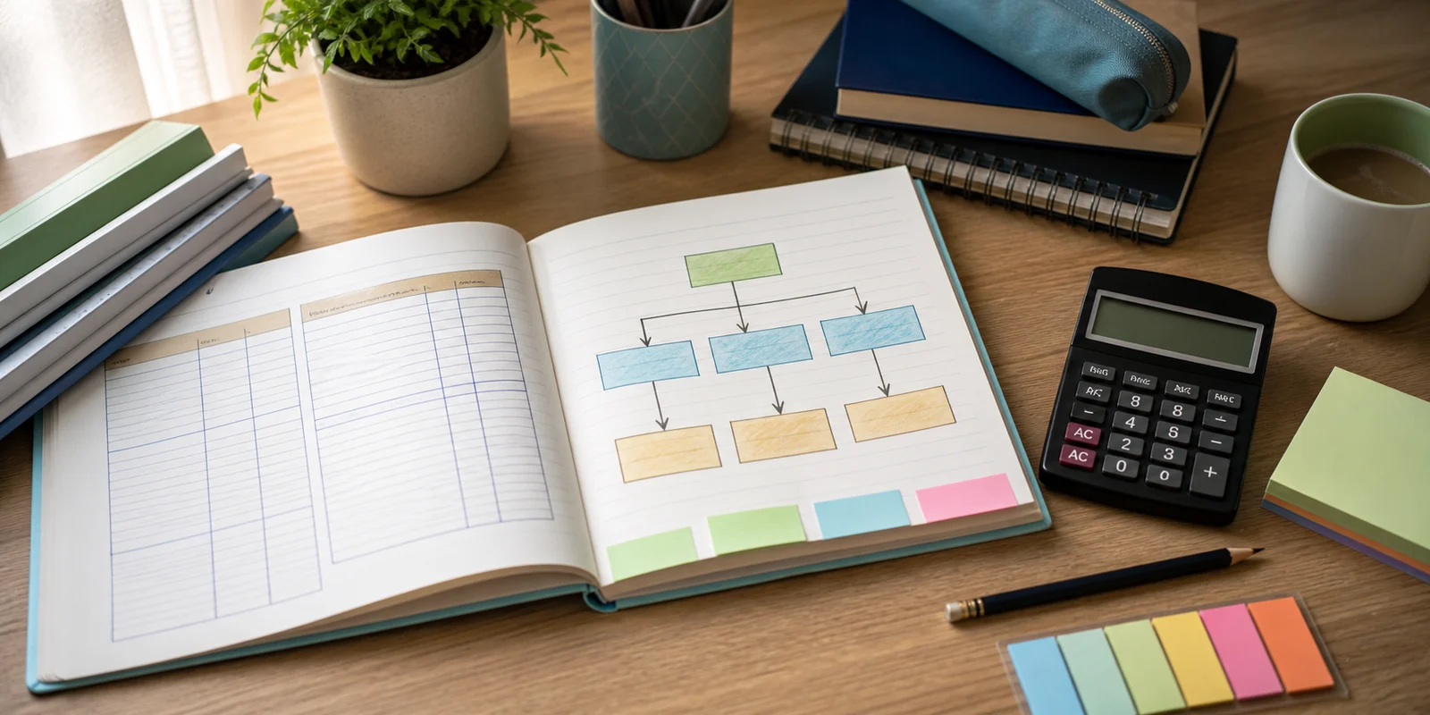 An organised accountancy study desk with partnership adjustment notes, a flow chart, calculator, and stationery