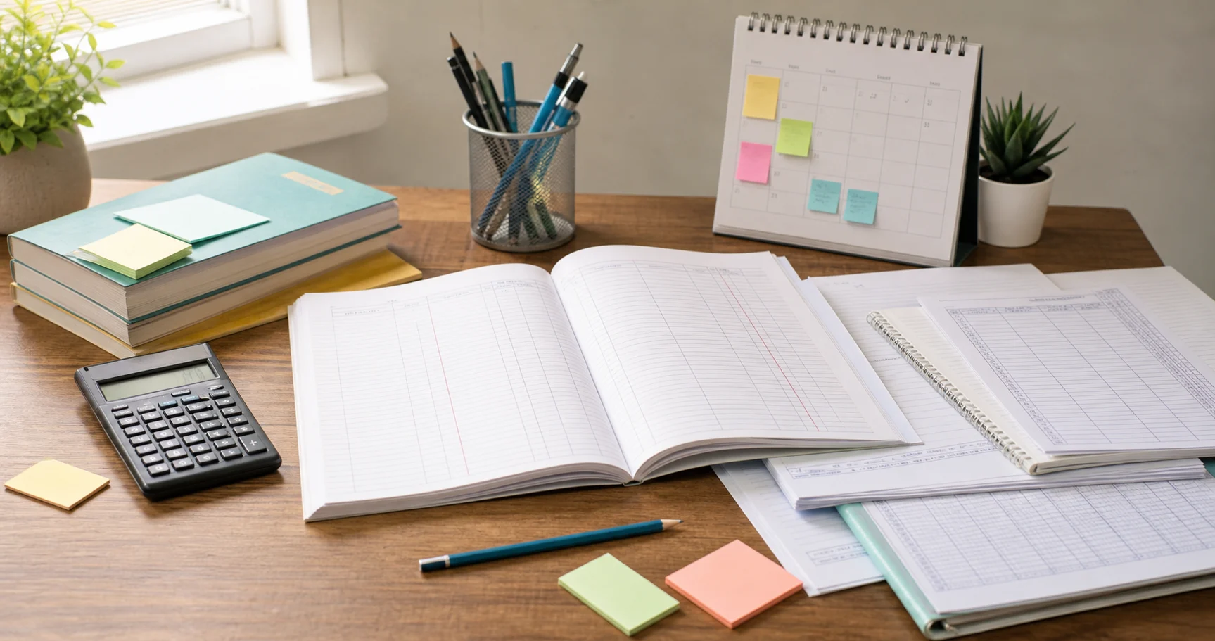A calm study desk with an accountancy notebook, calculator, journal-entry practice sheets, and a weekly study checklist