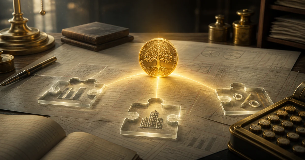 A golden goodwill coin casts light toward three missing accounting puzzle pieces for profit, capital, and return