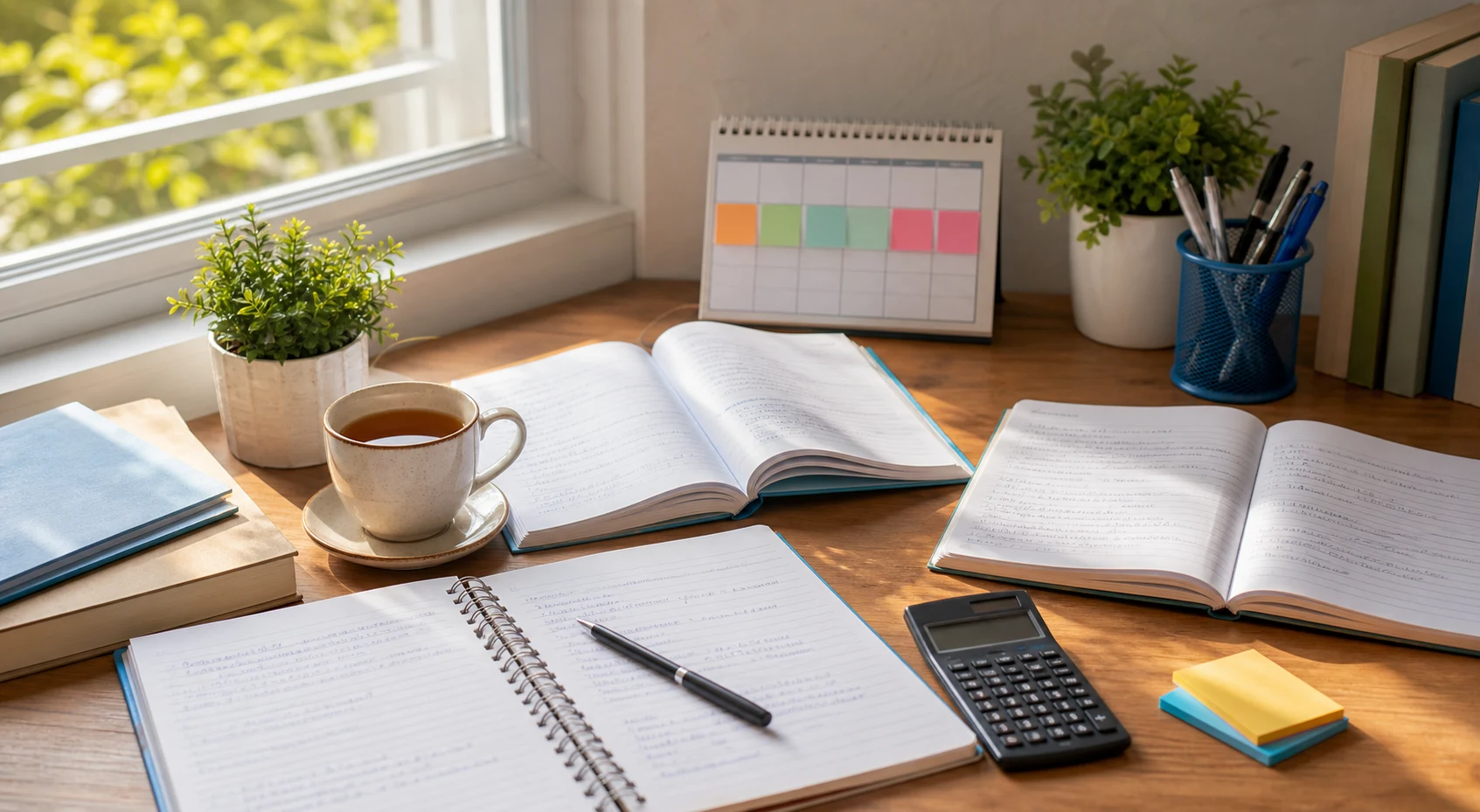 A calm weekend study desk with commerce notebooks, a planner, calculator, pens, and a cup of tea