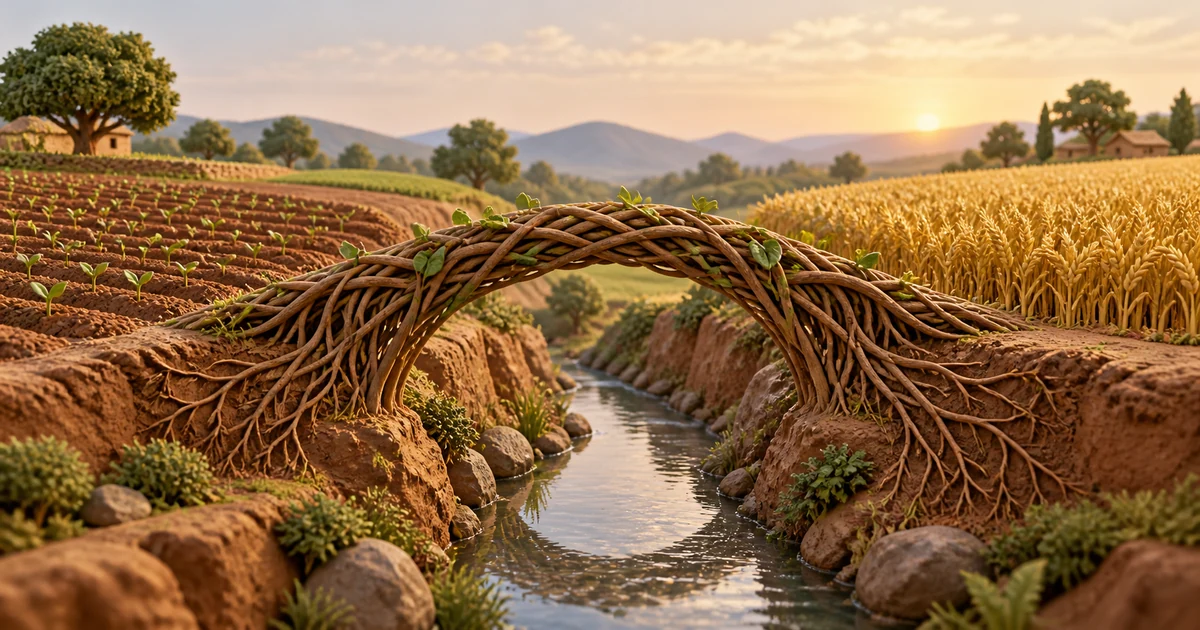 A bridge woven from roots connects newly sown fields to a golden harvest across a stream